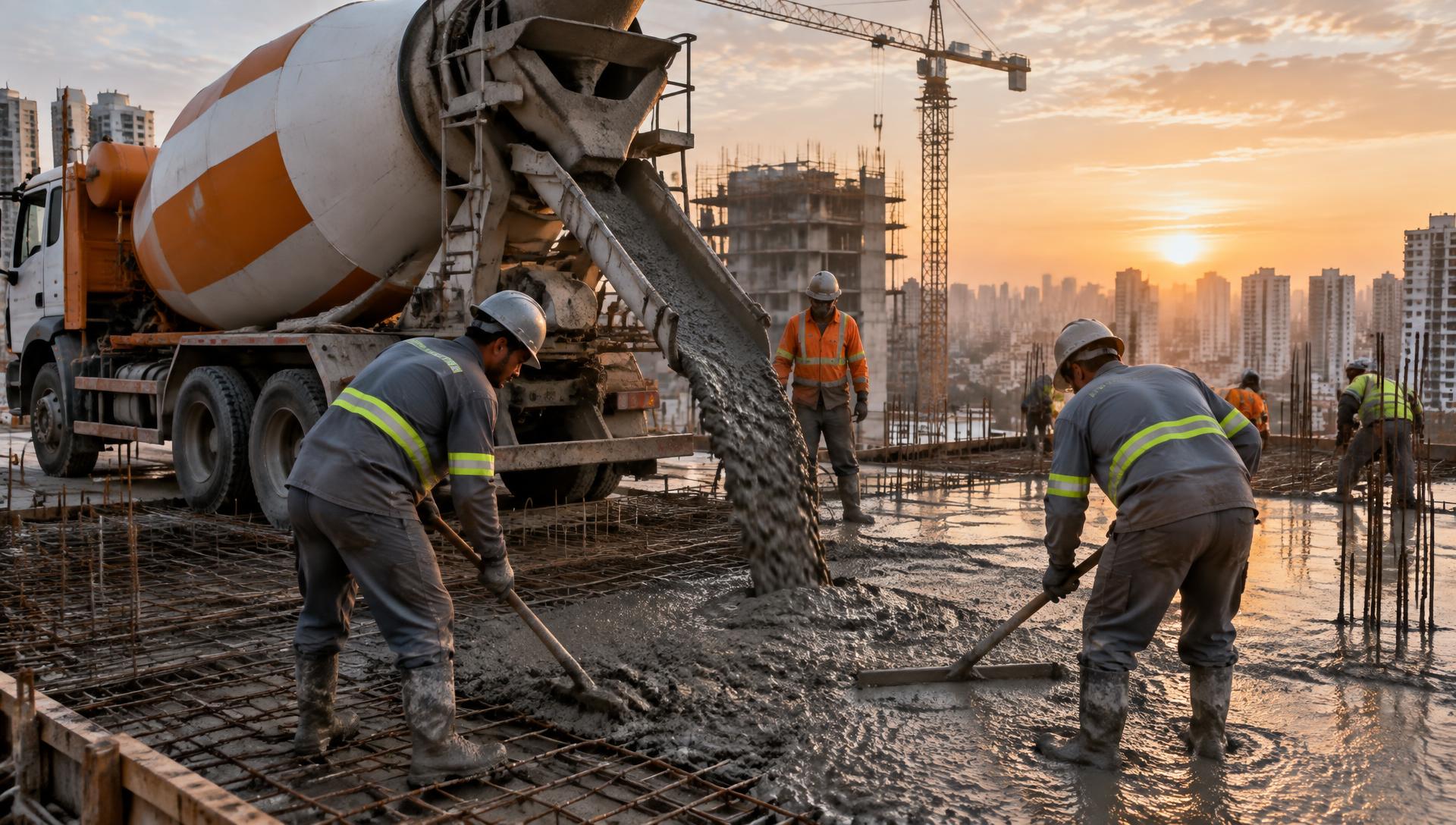 Concretagem de laje com caminhão betoneira