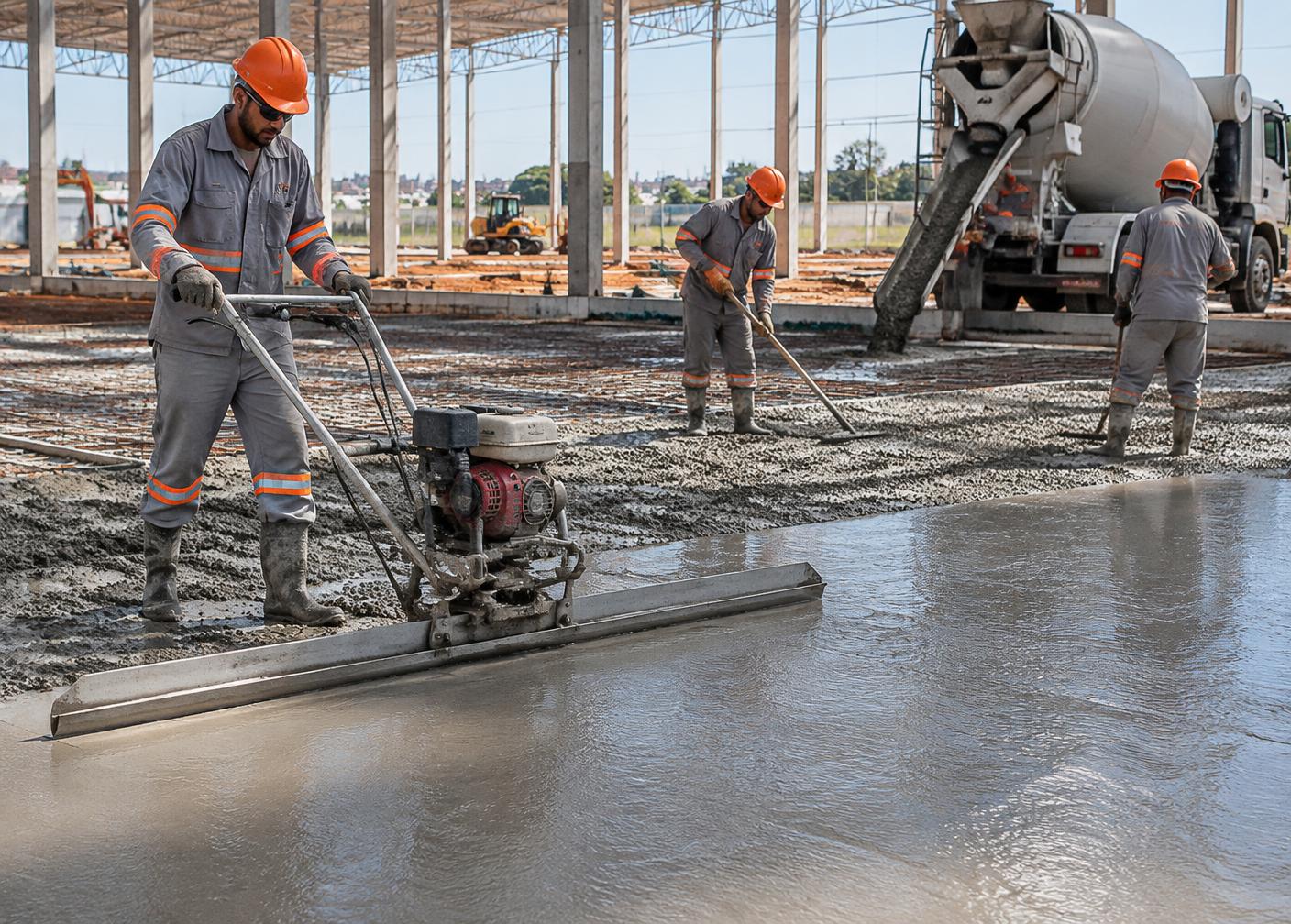 Equipe nivelando piso de concreto
